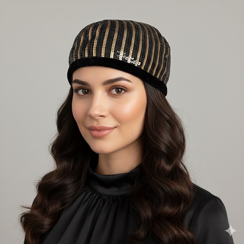 Vintage Escada Sequin Black & Gold Skullcap Pillbox Hat - Small, Germany 🇩🇪
